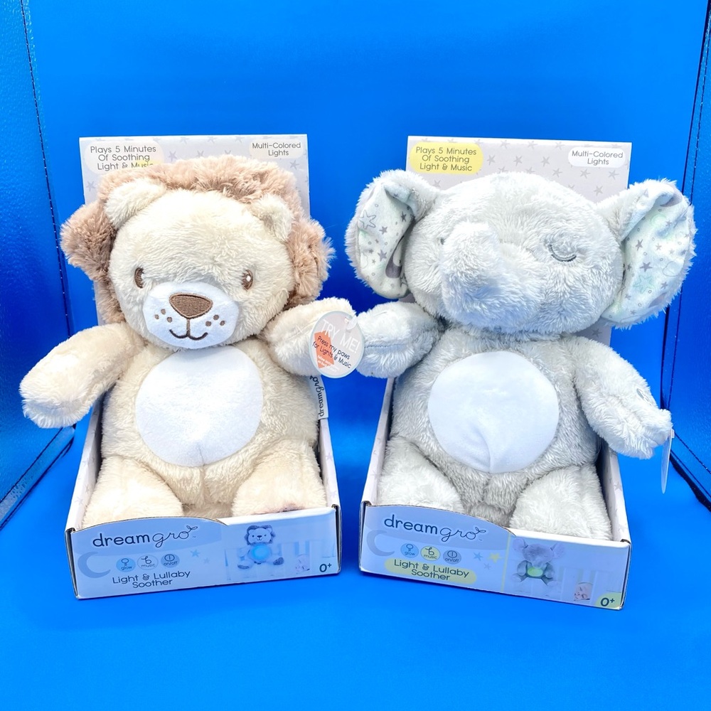 2pk Dream Gro Plush 11” Lion and Elephant Lighted Lullaby Soother Stuffed Animal